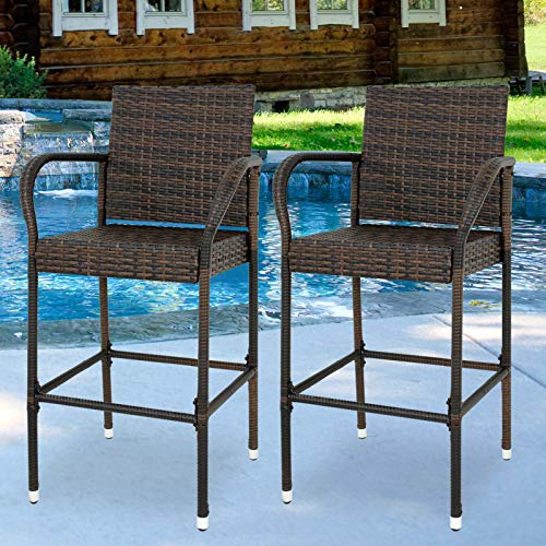 ZENY Set of 2 Wicker Barstool All Weather Dining Chairs Outdoor Patio Furniture Wicker Chairs Bar Stool with Armrest