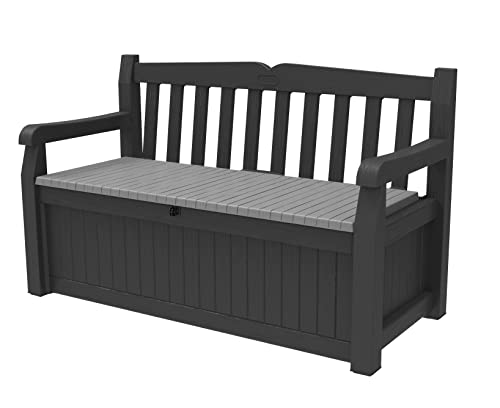Keter Solana 70 Gallon Storage Bench Deck Box for Patio Furniture Front Porch Decor and Outdoor Seating  Perfect to Store Garden Tools and Pool Toys Grey