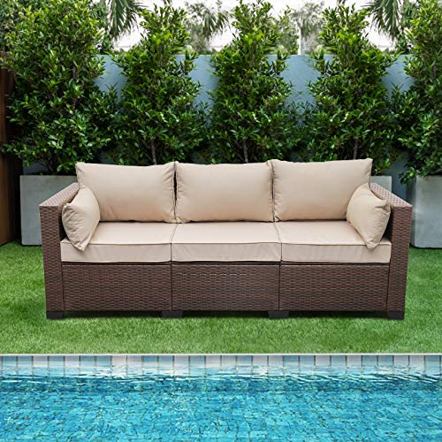 Patio PE Wicker Couch  3Seat Outdoor Brown Rattan Sofa Seating Furniture with Beige Cushion