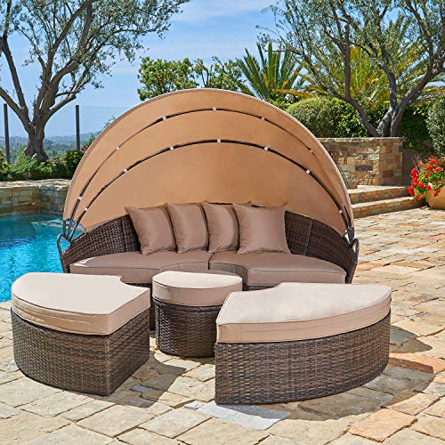 SUNCROWN Outdoor Patio Round Daybed with Retractable Canopy Brown Wicker Furniture Clamshell Sectional Seating with Washable Cushions Backyard Porch