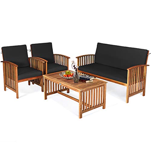 Tangkula Outdoor 4 PCS Acacia Wood Sofa Set wWater Resistant Cushions Padded Patio Seating Chat Set wCoffee Table for Garden Backyard Poolside (1 Black)