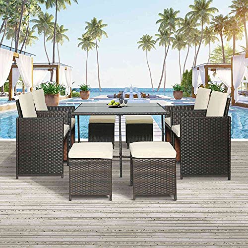 Tulib 9 Pieces Patio Dining Outdoor Space Saving Rattan Chairs with Glass Table PE Wicker Furniture Cushioned Seating and Back Sectional Conversation Set (Brown)