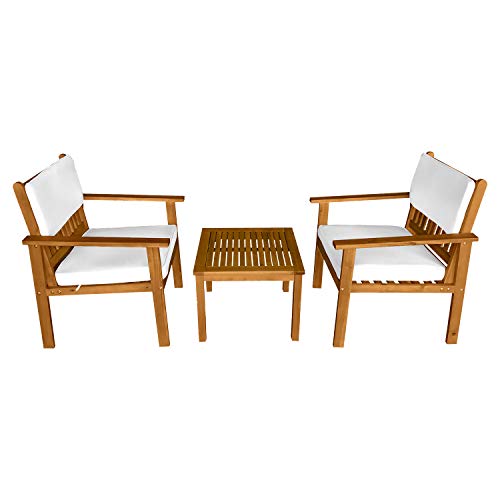 3Piece Acacia Wood Patio Bistro Set Patio Furniture Outdoor Chat Conversation Table Chair Set Outdoor Wood Chat Set with Water Resistant Cushions and Coffee Table Chairs for Beach Backyard Garden