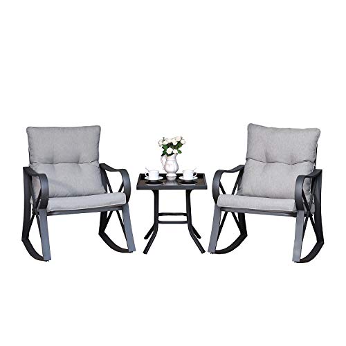 COSIEST 3 Piece Bistro Set Patio Rocking Chairs Outdoor Furniture w Warm Gray Cushions GlassTop Table for Garden Pool Backyard