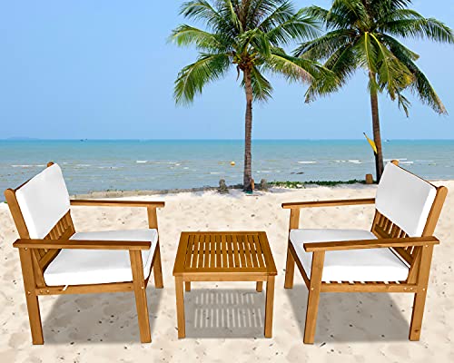 Dkeli Wood Patio Bistro Set 3 Pieces Outdoor Furniture Table and Chairs Acacia Wooden Conversation Sets Sofa Chair with Padded Cushions for Garden Backyard Poolside Balcony
