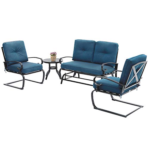 Incbruce 4Pcs Outdoor Patio Furniture Conversation Sets (Loveseat Bistro Table 2 Spring Chair)  Swing Glider Patio Bench and Spring Metal Lounge Chairs Sets with Cushions (Peacock Blue)
