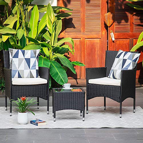 MW 3 Pieces Patio Furniture Set Outdoor Chairs and Coffee Table PE Rattan Wicker Bistro Table Set for Balcony Lawn Garden Backyard Beige (Throw Pillow NOT Included)