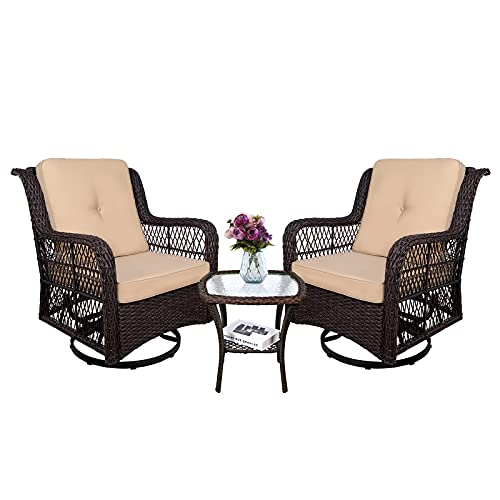 MEETWARM 3Piece Patio Wicker Conversation Bistro Set Cushioned Outdoor Swivel Rocking Chairs Rattan Furniture Sets with Thickened Cushion and GlassTop Coffee Table (Beige)