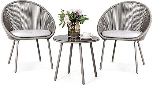 Nuu Garden 3 Piece Patio Table Set Outdoor All Weather Woven Rope Patio Conversation Bistro Set with Cushions Patio Furniture Sets for Balcony Garden Balcony Deck Backyard Gray