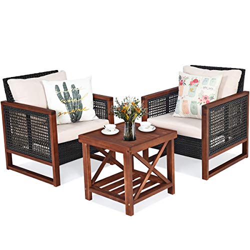 Tangkula 3 Pieces Patio Wicker Furniture Set Rattan Outdoor Sofa Set wWashable Cushion  Acacia Wood Coffee Table Conversation Bistro Set for Garden Balcony Backyard (Beige)