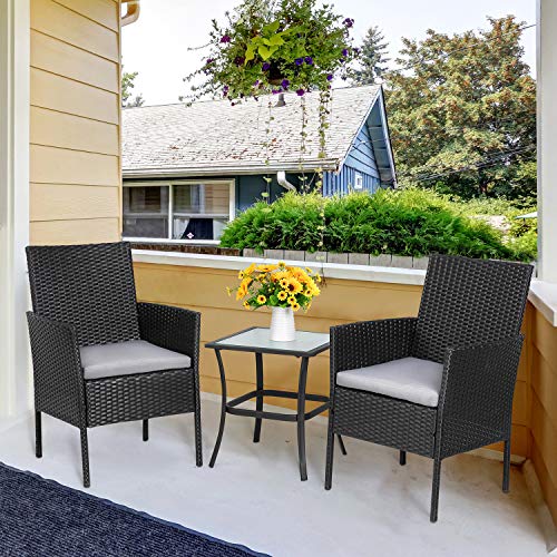 Vongrasig 3Piece Porch Furniture Sets Small Outdoor Black Wicker Rattan Patio Bistro Set Cushioned Patio Chairs Set of 2 wGlass Table for Lawn Garden Backyard Patio Conversation Set Gray