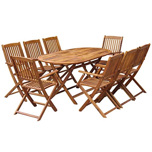 Festnight 9 Piece Wooden Outdoor Patio Dining Set Oval Folding Table with 8 Foldable Chairs Eucalyptus Wood Outdoor Furniture Space Saving for Garden Backyard Terrace Balcony