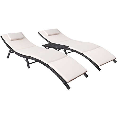 Flamaker 3 Pieces Patio Chaise Lounge with Cushions Unadjustable Modern Outdoor Furniture Set PE Wicker Rattan Backrest Lounger Chair Patio Folding Chaise Lounge with Folding Table (Beige)