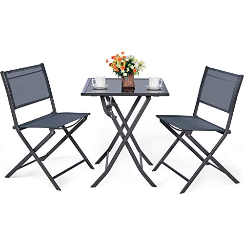 Giantex 3 Pcs Bistro Set Outdoor Bistro Table Set Folding Porch Furniture Metal Patio Dining Table and 2 Chairs 3 Pieces Portable Patio Bistro Set for Garden Backyard Lawn