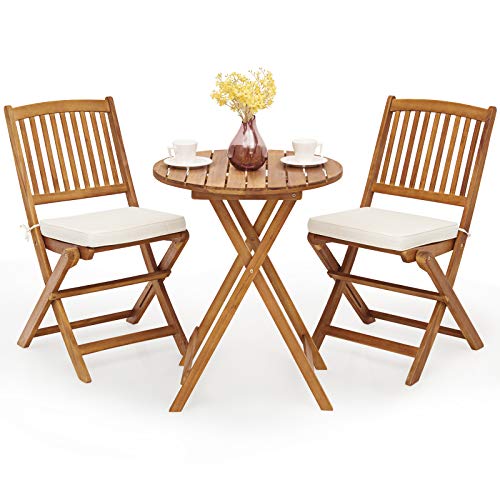 Giantex 3Pcs Patio Bistro Set Wood Folding Table Set 2 Cushioned Chairs for Garden Yard Outdoor Furniture Round Table (Natural  Beige)