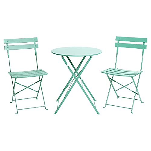 Meluvici Steel Patio Bistro Set 3 Pieces Outdoor Folding Metal Patio Furniture Sets 2 Chairs and 1 TableMint Green