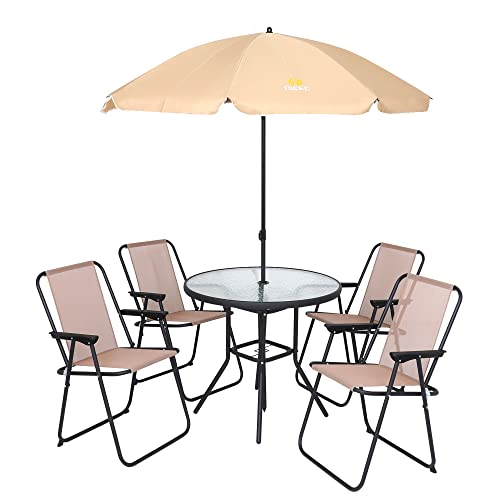 Nice C Patio Dining Set Set of 6 Garden Outdoor Furniture Set with Tilted Umbrella 315 Round Table and 4 Folding Chairs (Beige)