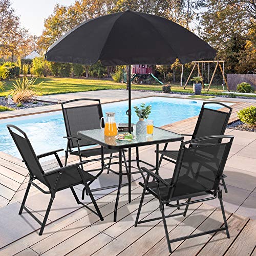 Vongrasig 6 Pieces Folding Patio Dining Set All Weather Small Metal Outdoor Table and Chair Set Garden Patio Furniture Set wUmbrella Glass Table  4 Folding Chairs for Lawn Deck Backyard Black