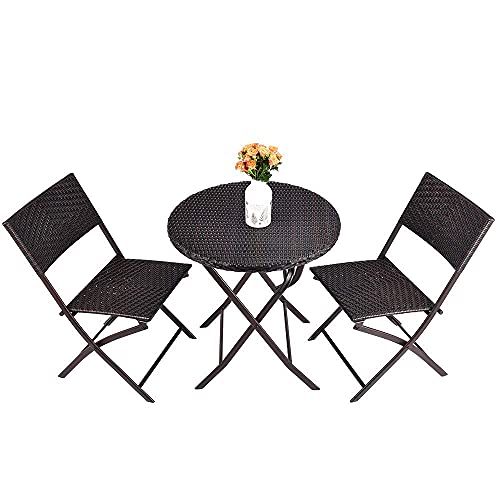 Wostore 3Piece Bistro Set Outdoor Patio Folding Rattan Hand Woven Furniture 1 Table  2 Chairs  Brown