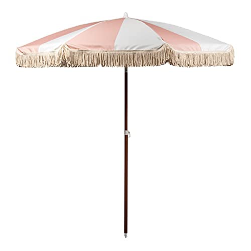 Beach State Summerland 65 Feet Beach Umbrella with Fringe  Patio Umbrella  Outdoor Umbrella  UV50 Sun Protection (Pink Salt Stripes)