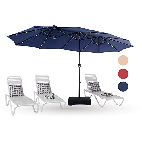 PHI VILLA 15ft Large Patio Umbrella with Solar Lights DoubleSided Outdoor Market Rectangle Umbrellas with 36 LED Lights Umbrella Base (Stand) Included Navy Blue