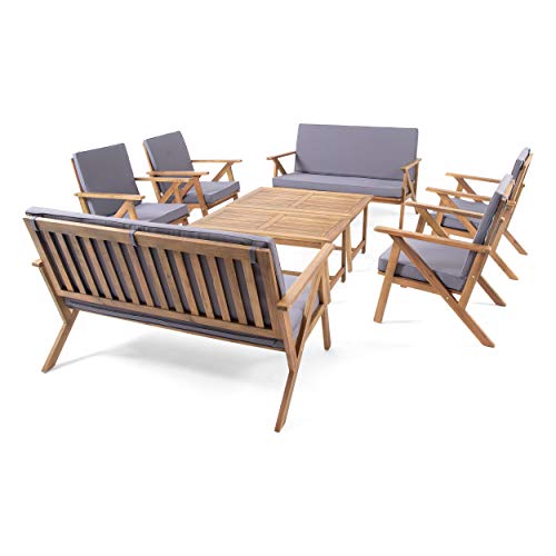 Christopher Knight Home 312623 Avril Outdoor 8 Seater Acacia Wood Chat Set with Coffee Table Teak Finish Dark Gray