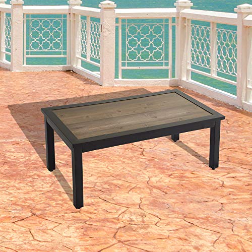 Festival Depot Patio Coffee Table Metal Table with Wood Grain Top Outdoor Furniture for Porch Garden (Rectangle)