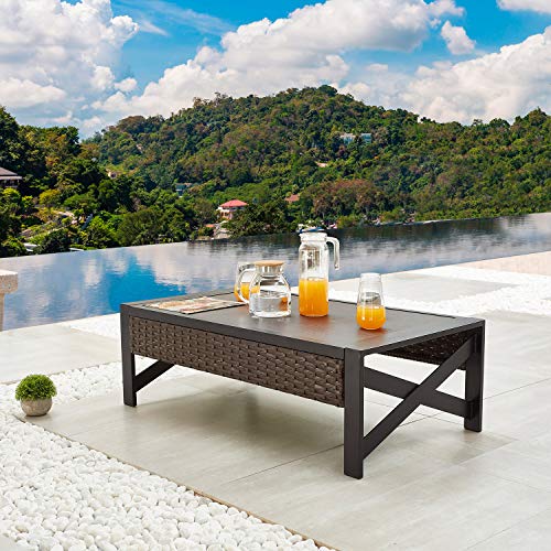 Festival Depot Patio Coffee Table Wicker Table with Wood Grain Top Rattan Outdoor Furniture for Bistro Deck (Rectangle)