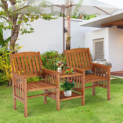 Outdoor 3 PCS Sectional Acacia Wood Patio Loveseat with Coffee Table 2 Person Tete A Tete Arm Bench Chairs Set Patio Furniture Set for Garden Balcony Backyard
