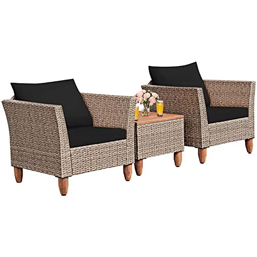 Tangkula 3 Piece Patio Furniture Set Outdoor Wicker Rattan Bistro Sofa Set wWashable Cushion Acacia Wood Top Coffee Table Conversation Set wAdjustable Feet for Balcony Backyard Porch (Black)