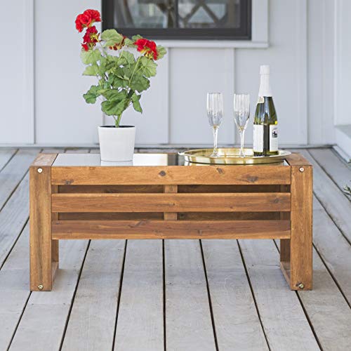 Walker Edison Sorrento Modern Acacia Wood Glass Top Outdoor Coffee Table 36 Inch  Brown