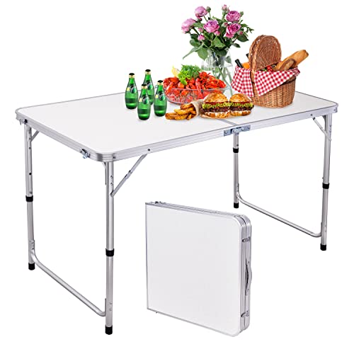 AOSION4FT Folding Picnic Table 48x24 Aluminum Folding Camping Table with HandleAdjustable Height Plastic Table for PicnicPartyBBQWhite