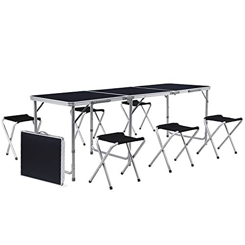 AthLike Aluminum Folding Table 6 FT Adjustable Height Picnic Table with Carry Handle Lightweight Foldable Camping Desk w6 Folding Stools BBQ Patio Beach Indoor  Outdoor Use Black