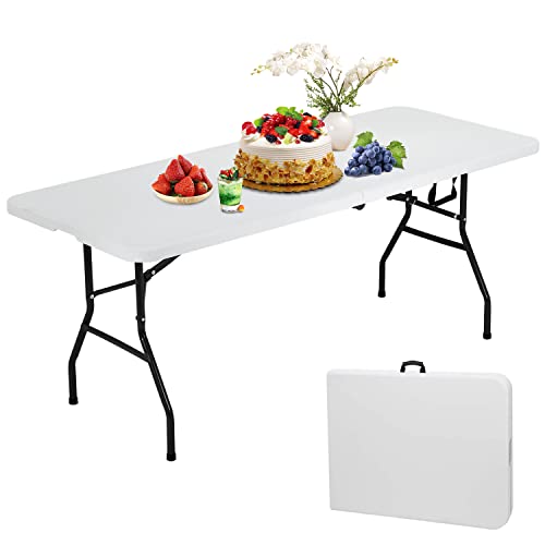 FLL 6ft Folding Table Portable Plastic Outdoor TableCamping Multipurpose Rectangle Fold Up with HandleLock for Picnic Party Dining CampWhite 709 Inch L x 291 W H (L706W)