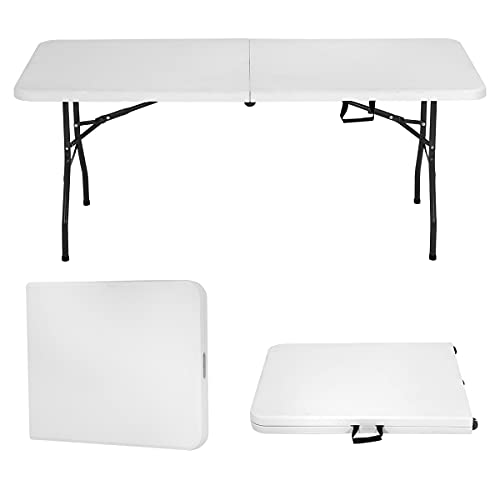 Hudada 6FT Folding Table Plastic Picnic Table Fold Up Table Camping Table Small Outdoor Table Dining Table Party Table wHandle Lock for Outdoor Party Camping 500 LBS Weight Capacity White