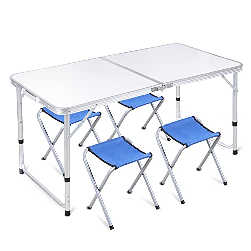 JooMoo Folding Camping Picnic Table  Portable Outdoor Aluminum Table  4 Stools 2 Adjustable Heights Lightweight Dining Table for Grill BBQ Backyard and Beach
