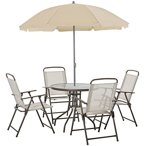 Outsunny 6 Piece Patio Dining Set with Umbrella 4 Folding Dining Chairs  Round Glass Table for Garden Backyard and Poolside Beige
