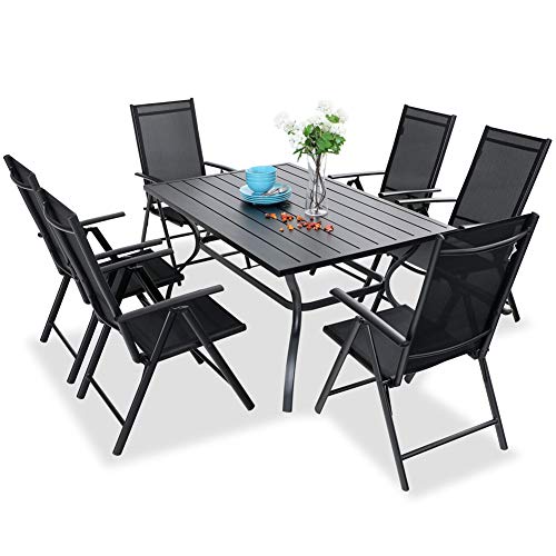 PHI VILLA 7 pcs Patio Dining Set 6 Outdoor Reclining Folding Sling Chair with Armrest  1 Rectangle Patio Dining Table with 157 Umbrella Hole (Black)