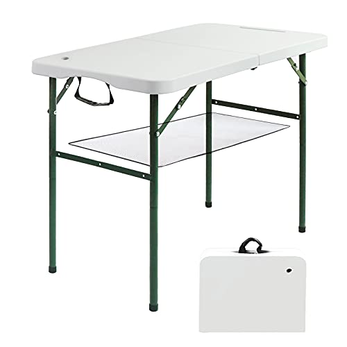 PSKOOK 3FT Folding Camping Table Portable FoldinHalf Patio Table with Handle Height Adjustable Plastic Party Dining Picnic Camping Table for Indoor Outdoor (White)