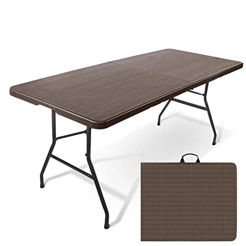 Todeco 6 Feet Imitated Rattan Folding Table Heavy Duty Portable Plastic Indoor Outdoor Picnic Party Dining Camping Tables wHandle Brown