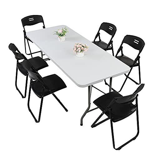 VINGLI 6 FT Plastic Folding Table Set with 6 Folding Chairs for Picnic Event Training Outdoor Activities at Home and Commercial Use