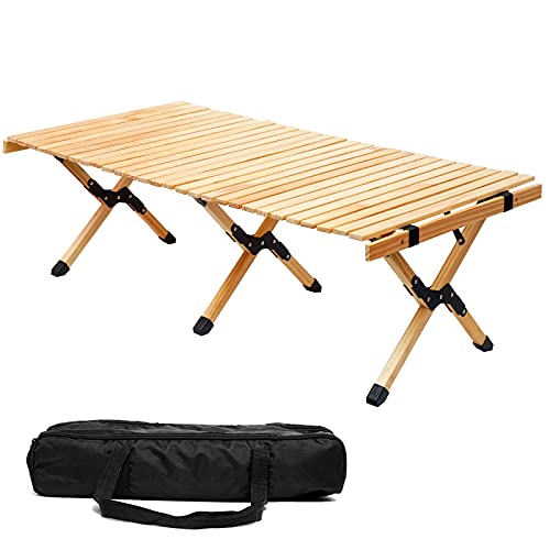 ZUZHII 4ft Low Height Portable Folding Wooden Travel Camping Table for OutdoorIndoor Picnic BBQ and Hiking with Carry Bag MultiPurpose for Patio Garden Backyard Beach(XLarge Natural Wood)