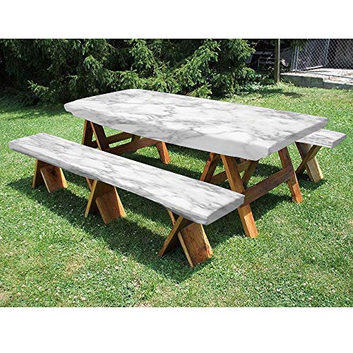 72 Polyester Picnic Table and Bench Fitted TableclothNature Granite Pattern with Cloudy Spotted Trace Effects Marble Artistic Image 3Piece Elastic Edged Table Cover for ChristmasPartiesPicnic
