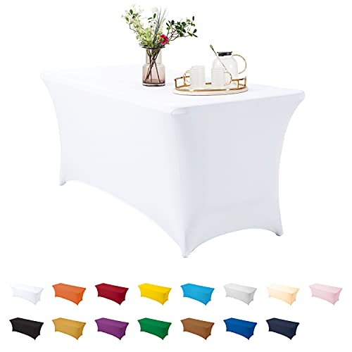 ManMengJi White Spandex Table Cover 6 ft Stretch Tablecloths for Standard Folding Tables Universal Rectangular Fitted Table Cloths for Wedding Banquet Party and Events