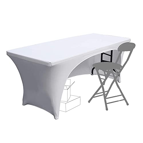 SUNTQ Stretchable Tablecloths 6 Ft for Rectangle Tables with Open Back Fitted Spandex Rectangular Patio Table Covers Wrinkle Resistant Table Toppers for Vendors Party Banquet Trade shows White