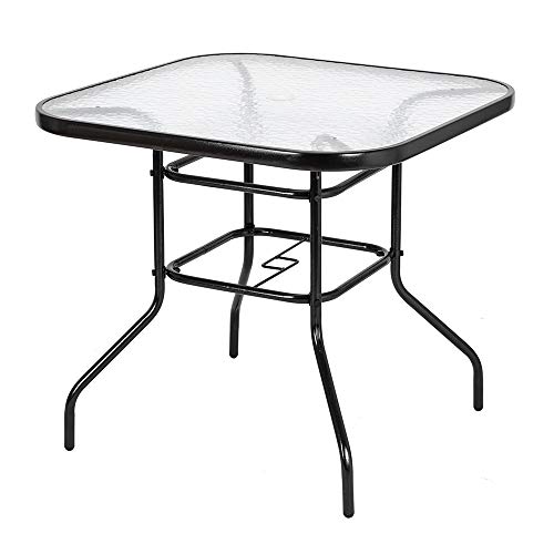VINGLI OutdoorIndoor Dining Table with Umbrella Hole 32 Square Patio Bistro Steel Frame Tempered Glass Table Top Coffee Table Outside Clearance Banquet Furniture for Garden Pool Side Deck Lawn
