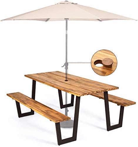 HAPPYGRILL Outdoor Picnic Table Bench Set with Wooden Top  Steel Frame Patio Dining Picnic Table Set with Umbrella Hole for Garden Backyard