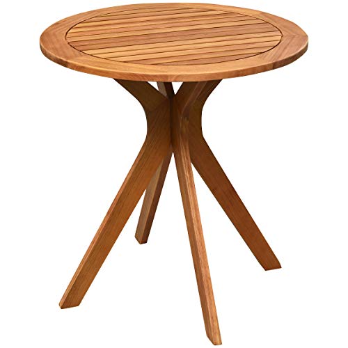 Tangkula 275 Inch Eucalyptus Wood Outdoor Patio Bistro Table Round Wooden Table wX Base Coffee Side Bistro Table for Garden Backyard Patio Living Room (Teak)