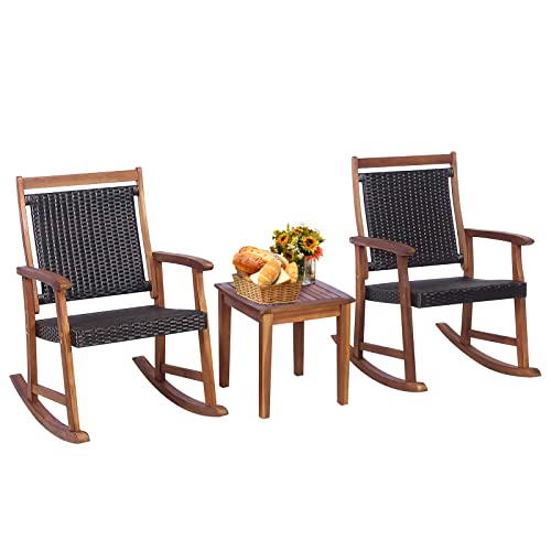 Tangkula 3 Pieces Patio Rocking Chair Set Patiojoy Acacia Wood Rocker with Side Table Outdoor Rocking Chairs with Wicker Rattan Seat  Backrest Rocking Bistro Set for Garden Backyard Poolside