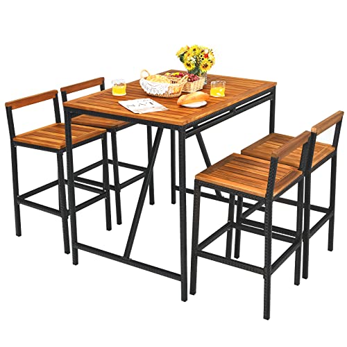 Tangkula 5Piece Outdoor Acacia Wood Bar Table Set Bar Height Outdoor and Rattan Dining Set Rectangular Bar Table with Umbrella Hole and 4 Bar Stools for Patio Garden and Backyard (Black)